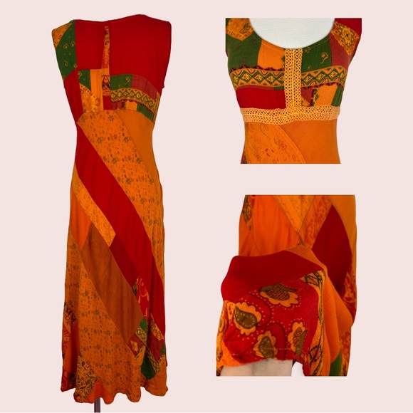 Vintage Boho Patchwork Maxi Dress Festival Sundress Flowy Cottagecore Folk Gypsy - Picture 2 of 3
